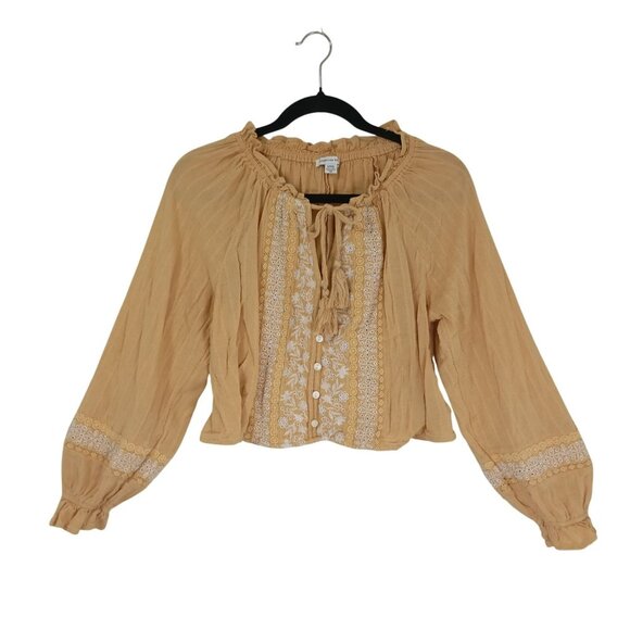 American Eagle Blouse Y2K Embroidered Boho Bohemia S Cotton Blend Mustard Womens - Picture 1 of 11